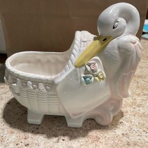 Vintage Pink Stork & Bassinet Ceramic Planter